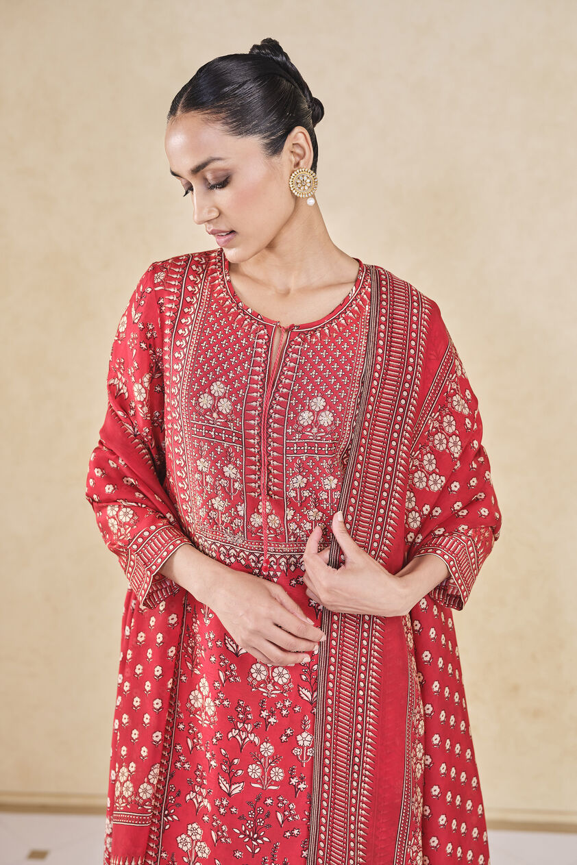 Niral Printed Silk Suit Set - Red, Red, image 4